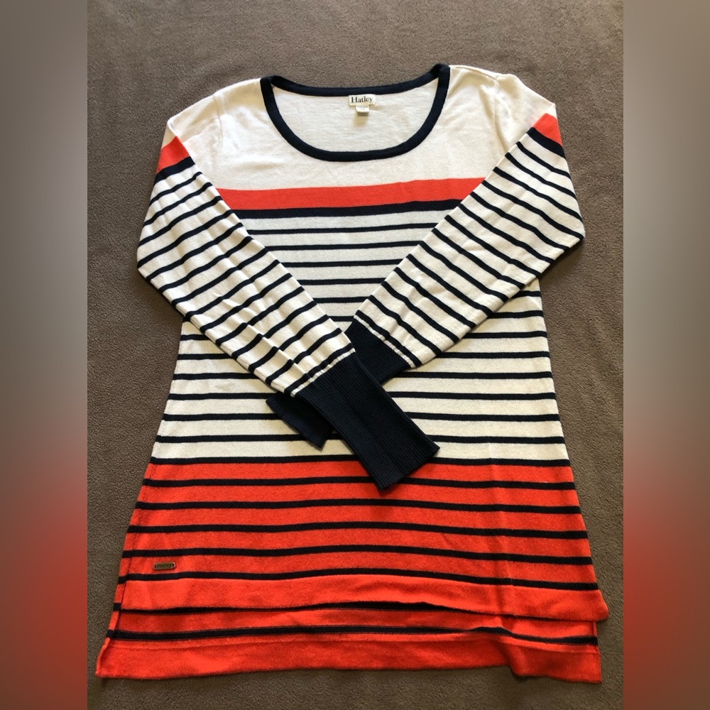 Hatley size small striped sweater. Navy,Orange,Ivory